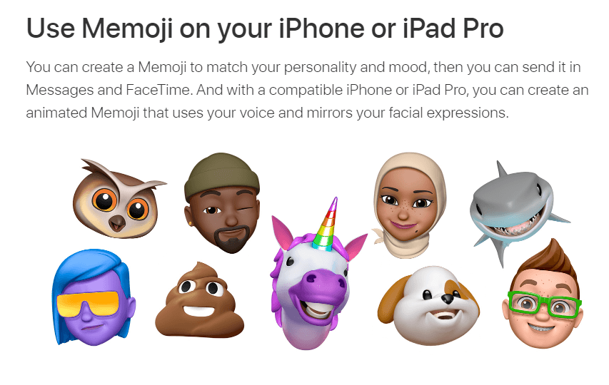 Apple’s Memoji support page showing images of various avatars
