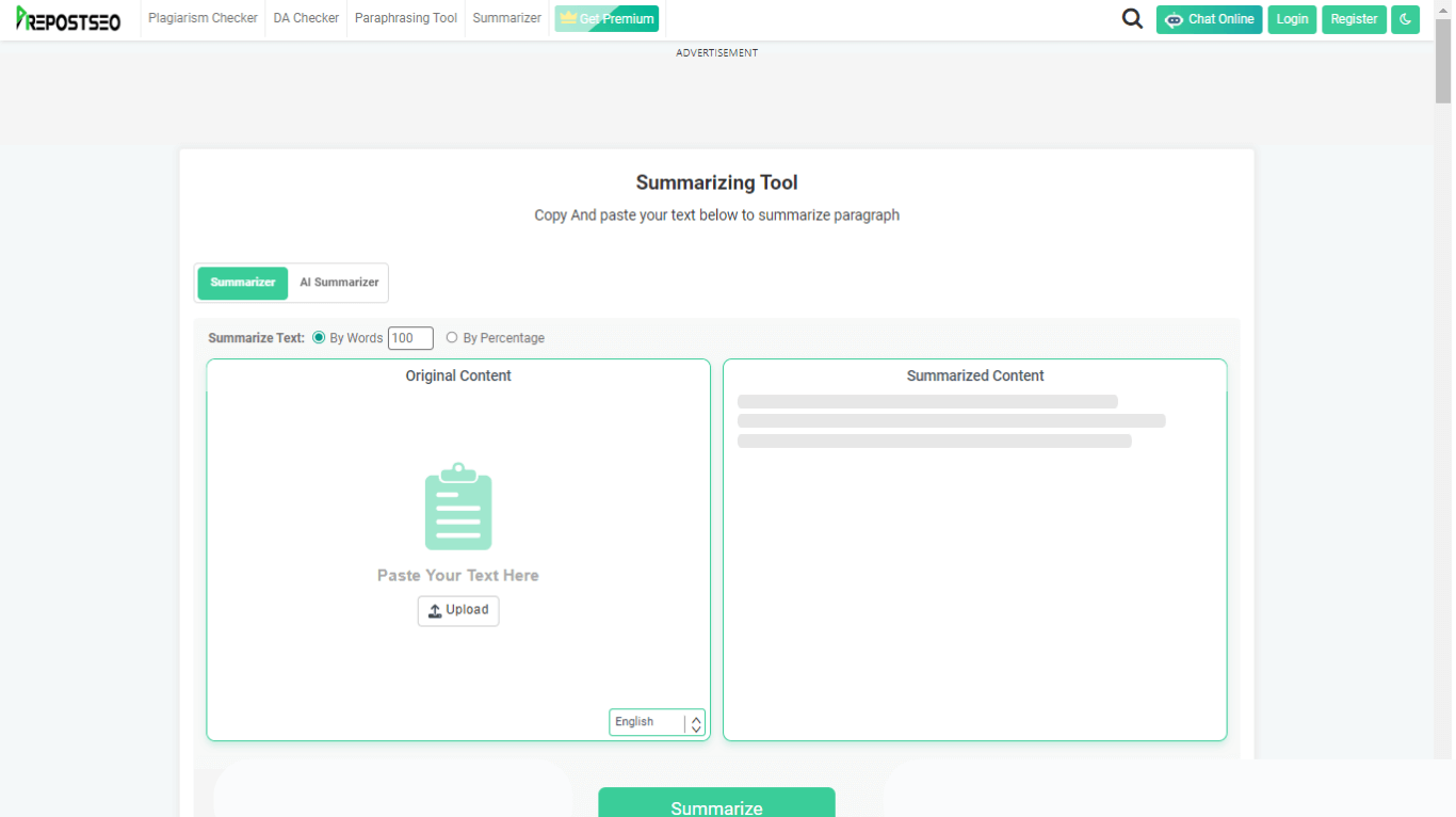 PrepostSEO AI summarizing tool