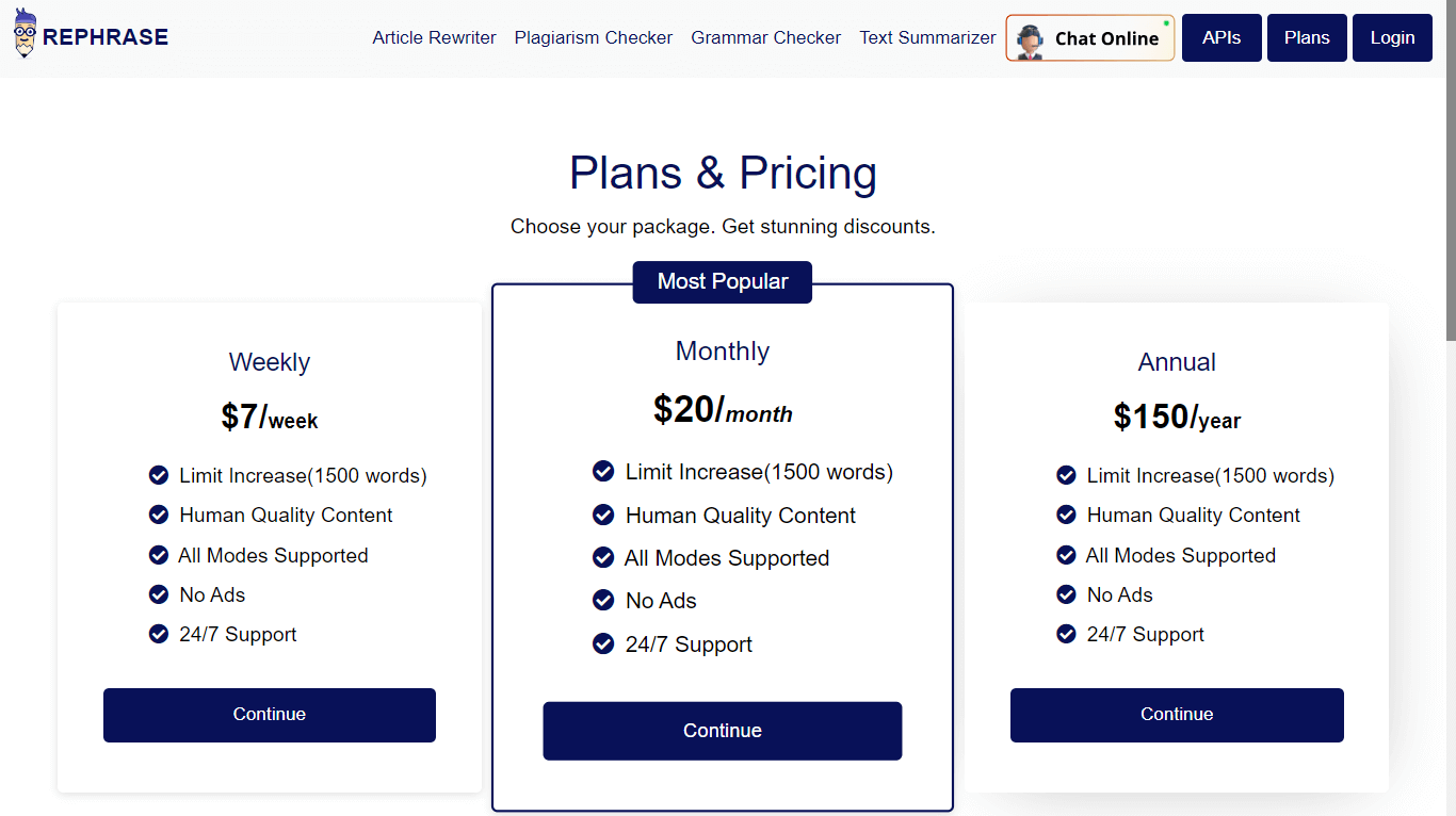 Rephrase pricing and plans