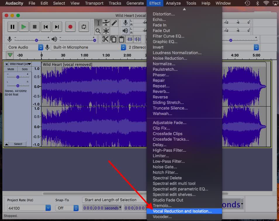 Click Effect > Vocal Reduction and Isolation