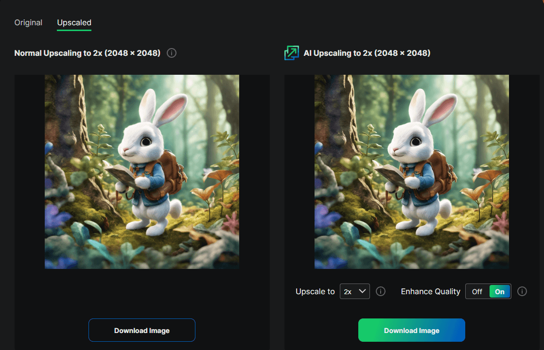Before and after upscaling an illustration of a rabbit