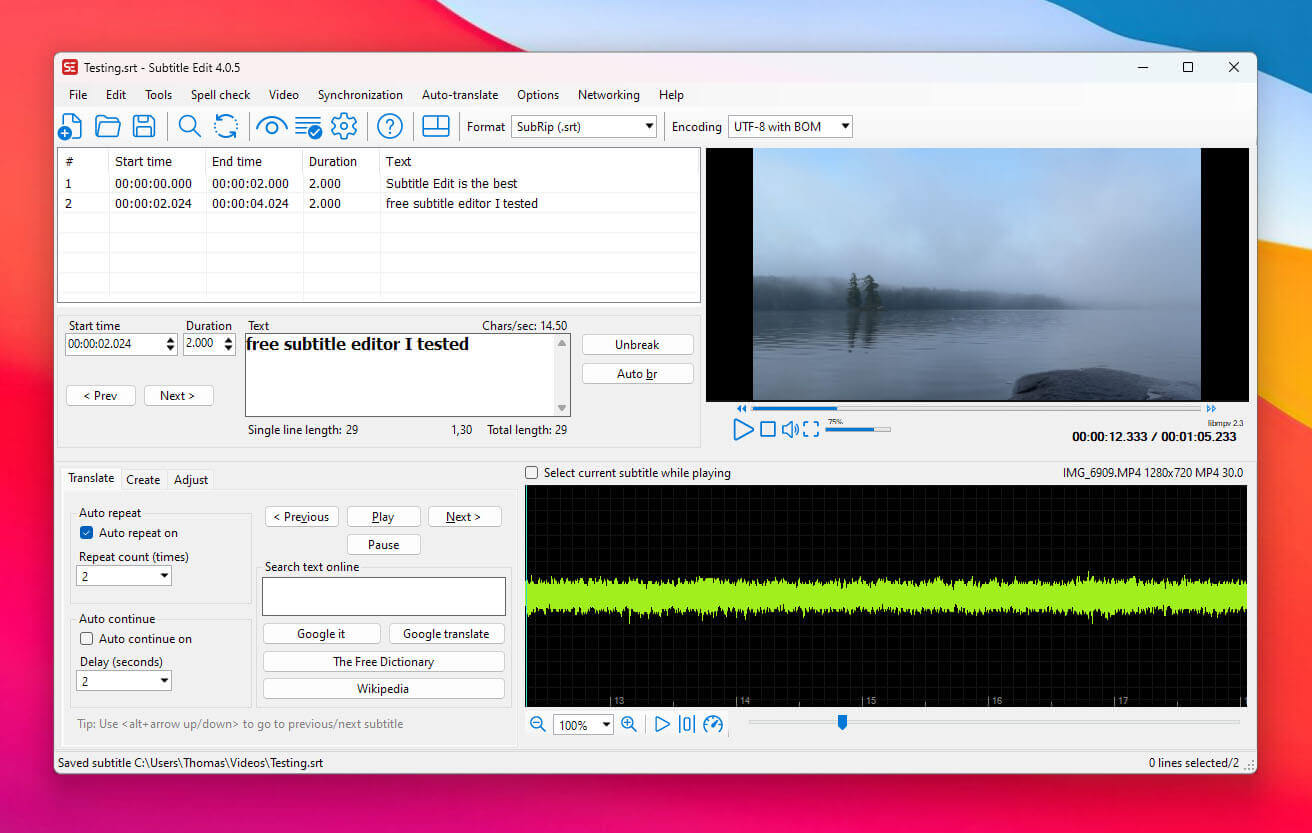 Screenshot of Subtitle Edit dashboard