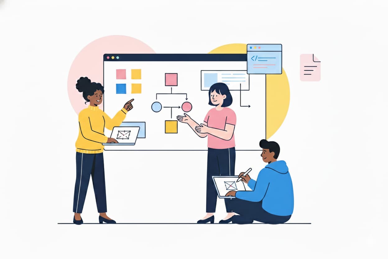 ホワイトボード前で説明する女性ファシリテーター。Miroを使ったオンラインワークショップやプレゼンテーションのイメージ