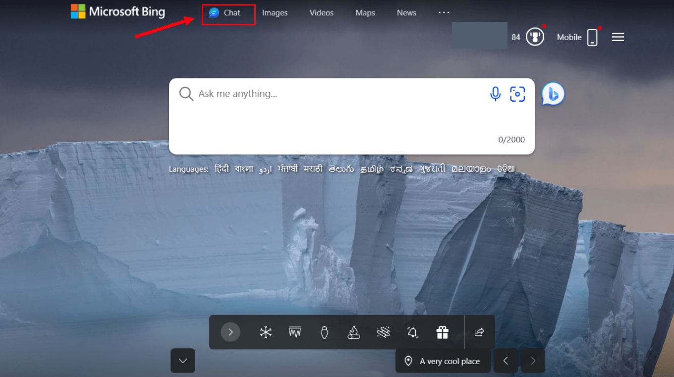 Go to Microsoft Bing and select the blue Chat icon