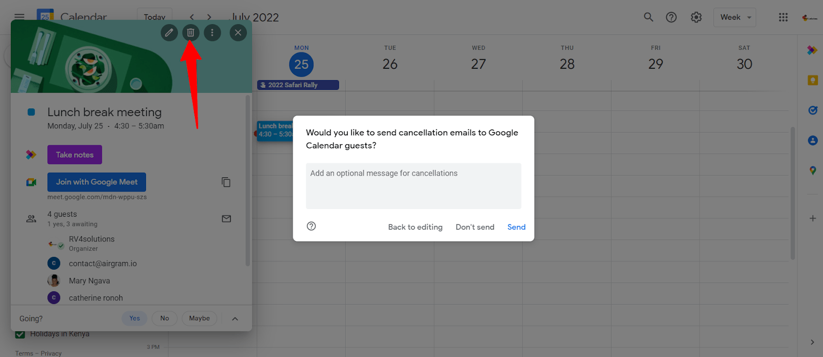 click the ‘trash’ icon in Google Calendar