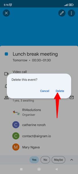 tap ‘delete’ in Google Calendar app