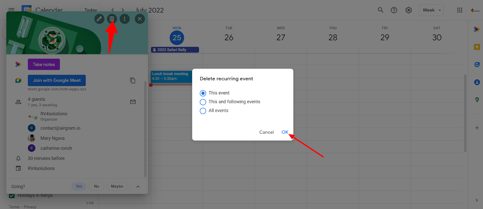 delete a recurring event in Google Calendar