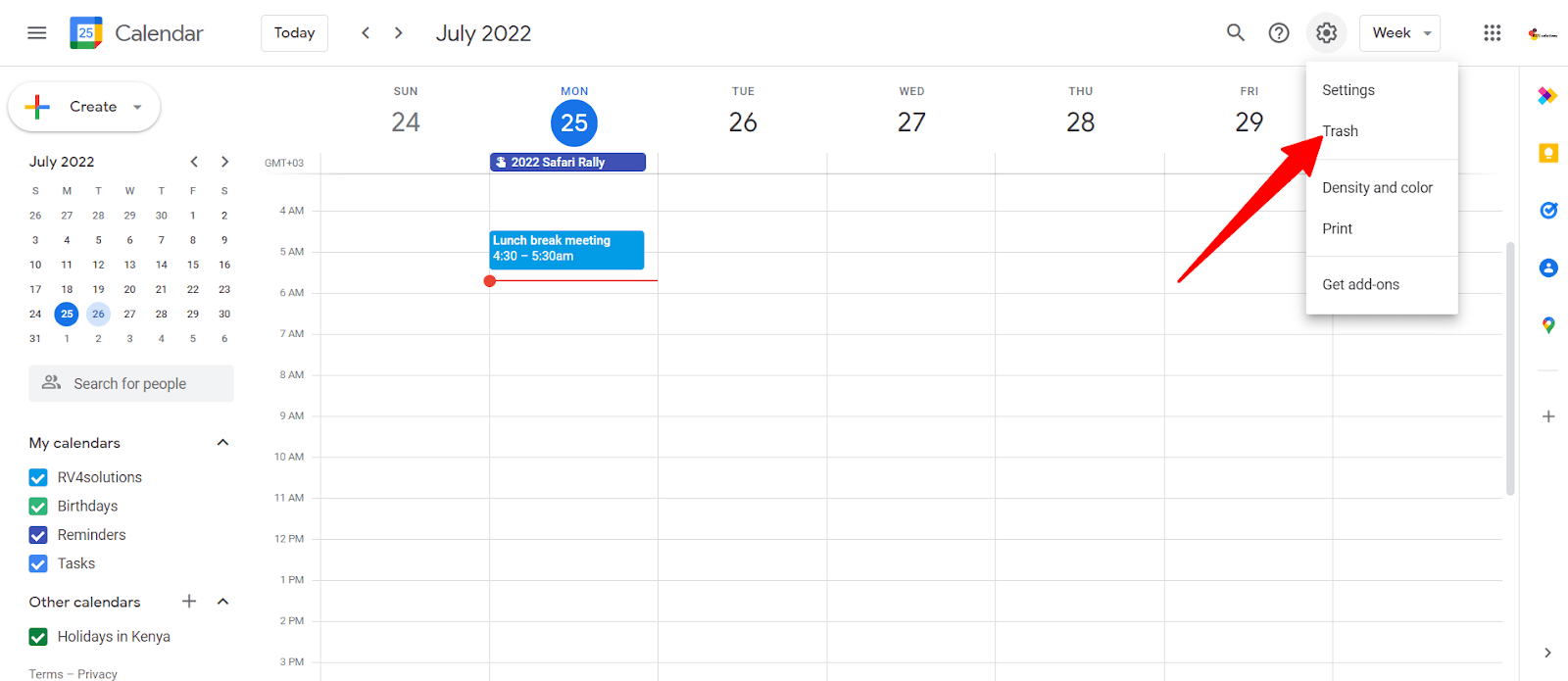 choose ‘Trash’ in Google Calendar