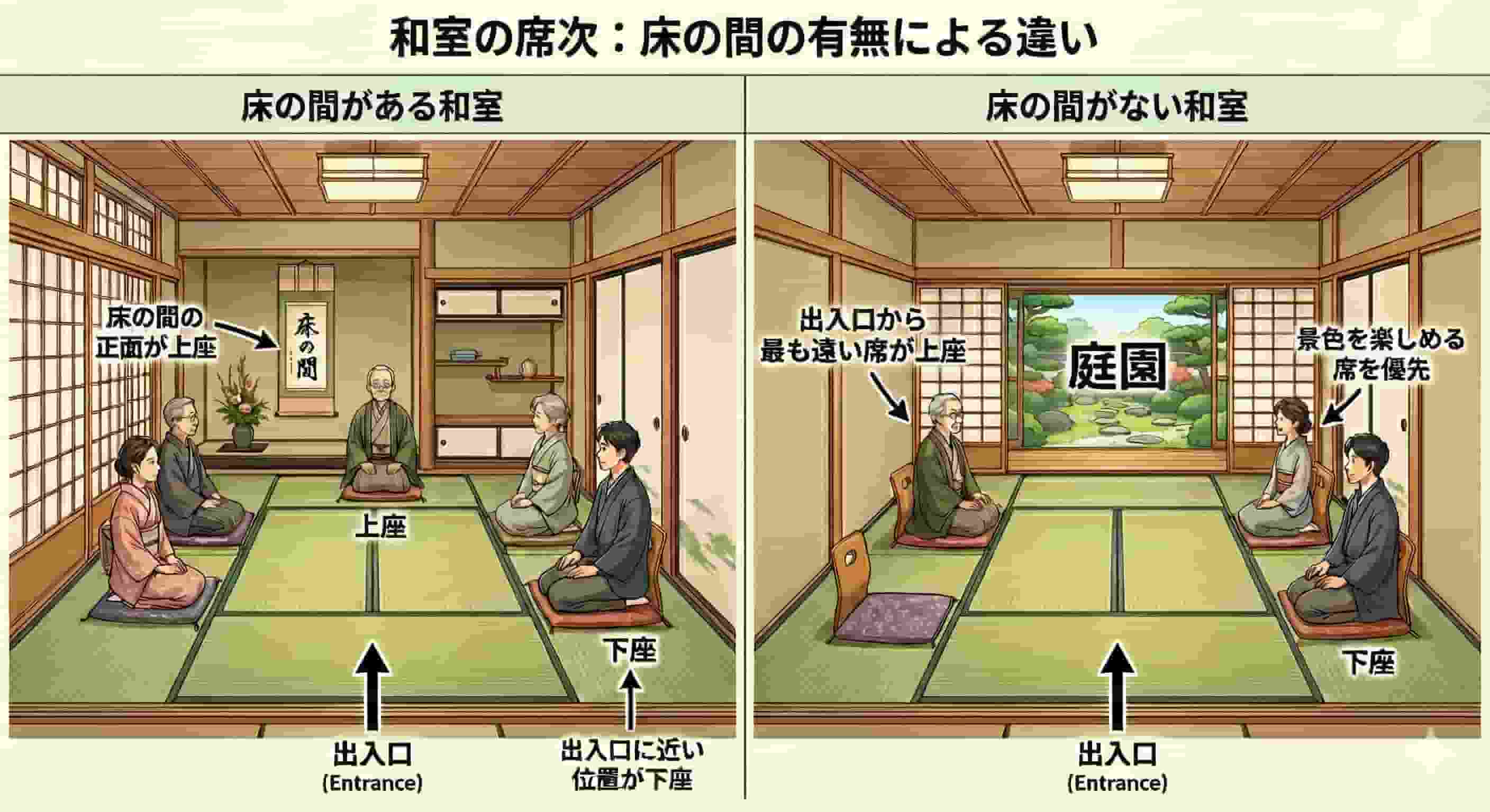 和室の席次:床の間の有無による違い 和室の席次:床の間の有無による違い