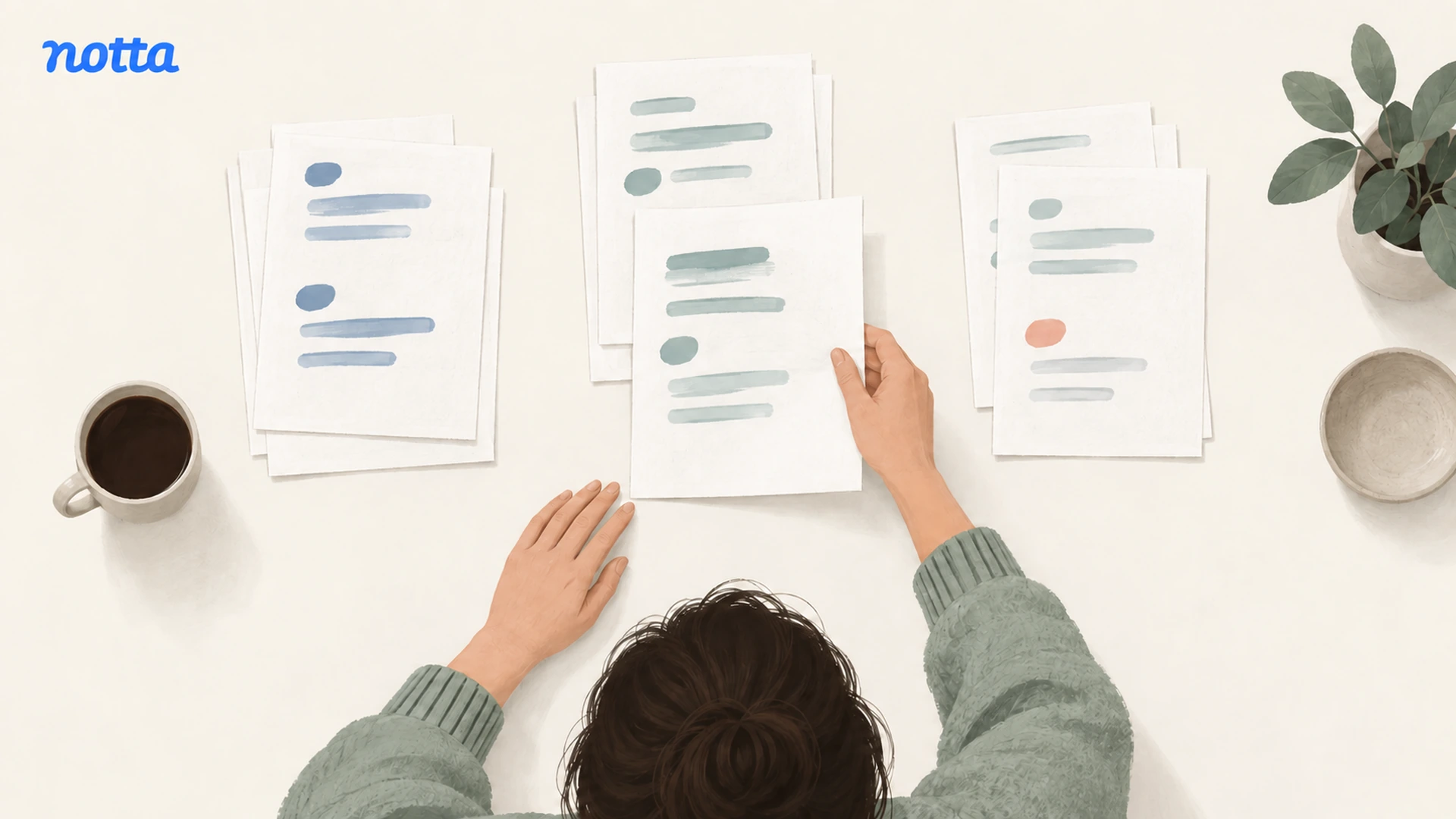 Researcher grouping interview transcripts with colored marks to explore shared patterns and different perspectives