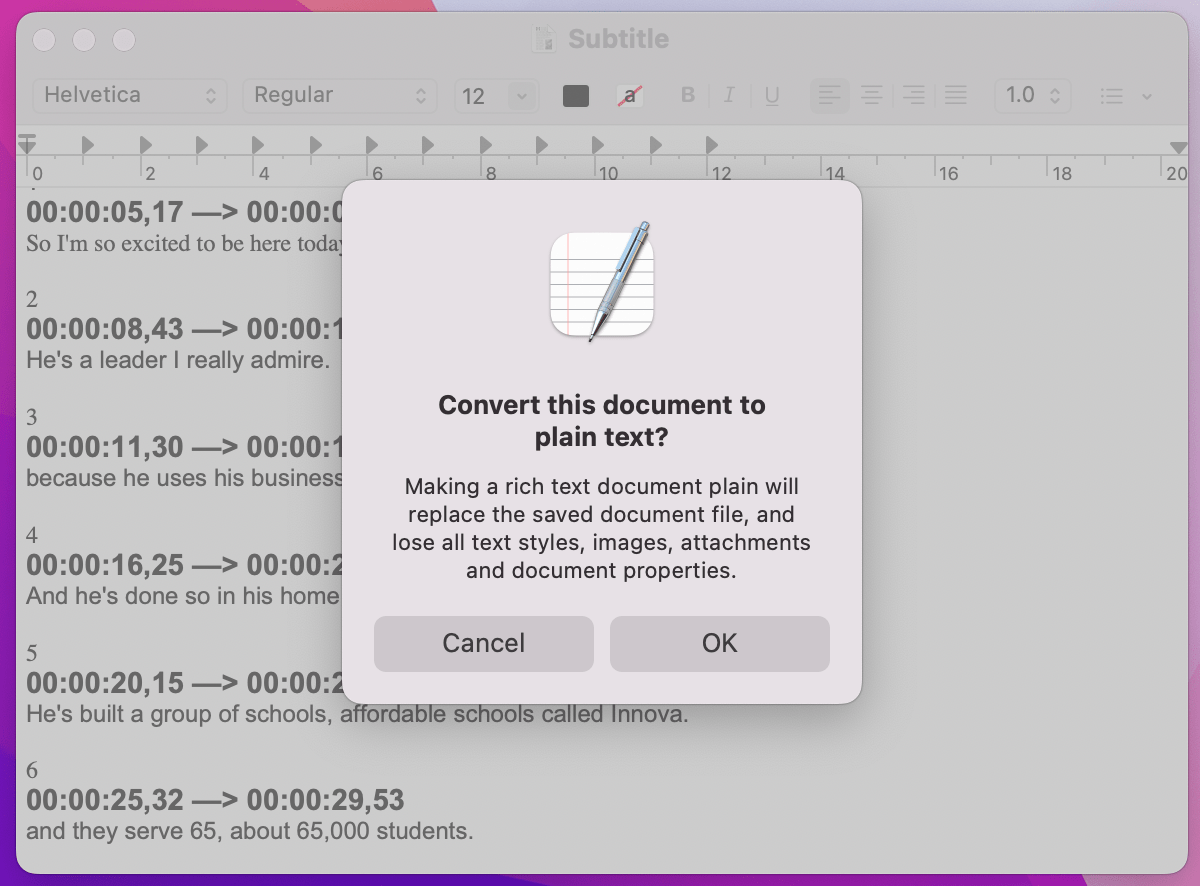 change the format from rich text to plain text to create an SRT file