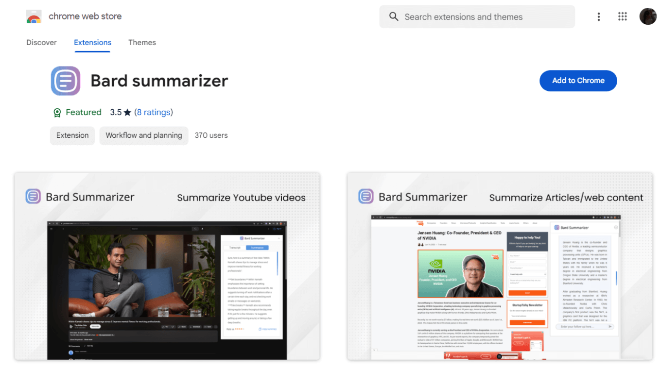 Bard Summarizer free Google Chrome extension