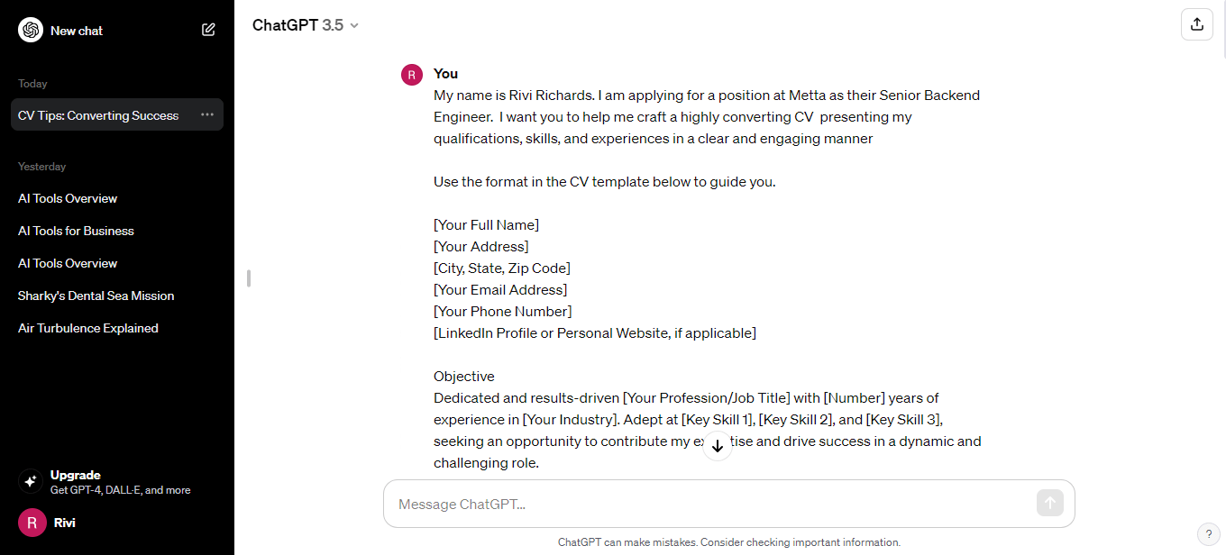 ChatGPT cv format example