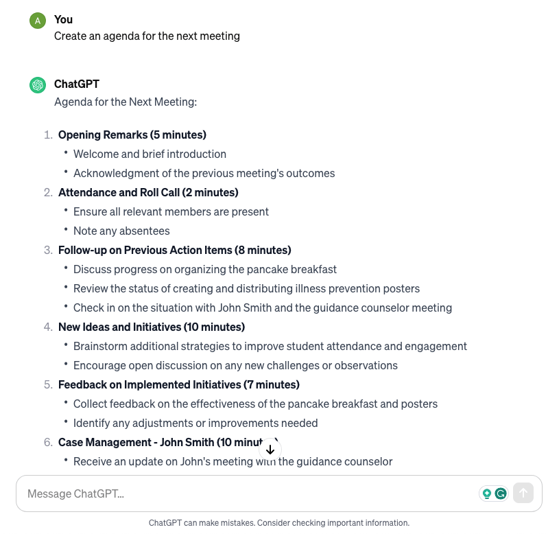 ChatGPT creating a meeting agenda from a user prompt