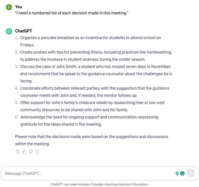 ChatGPT creating a numbered list of decisions made in the meeting