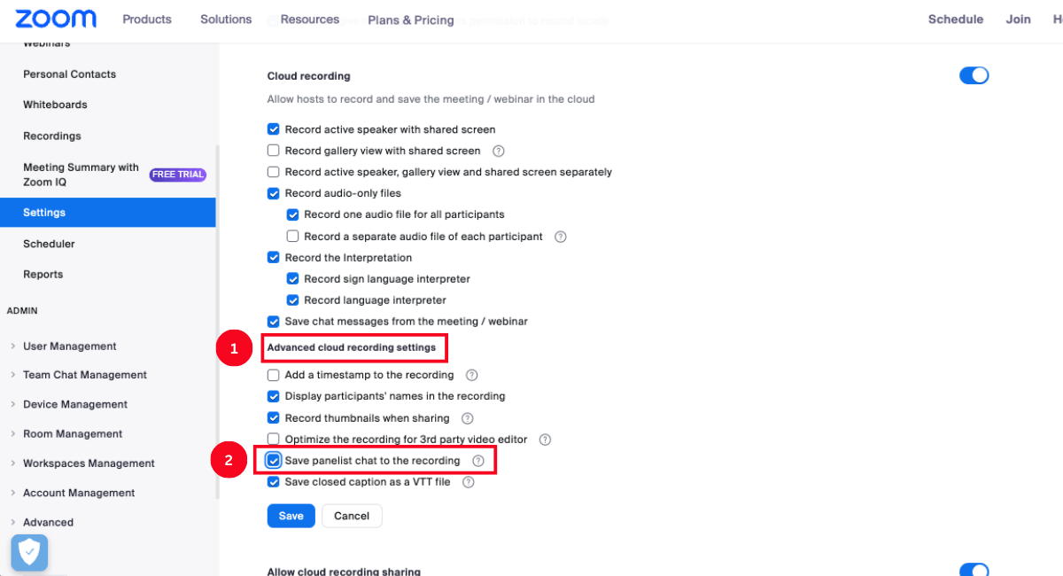 check boxes to enable panelist chat to the recording