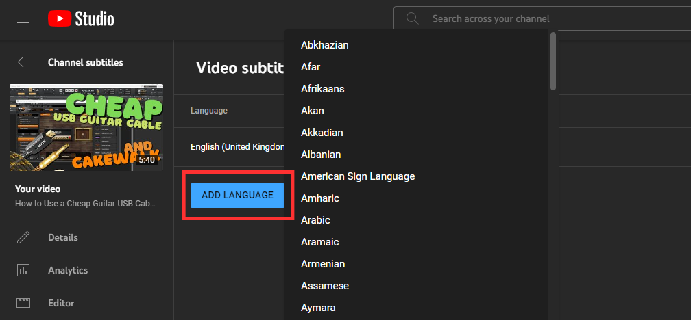 Choose the language you want to transcribe your video into