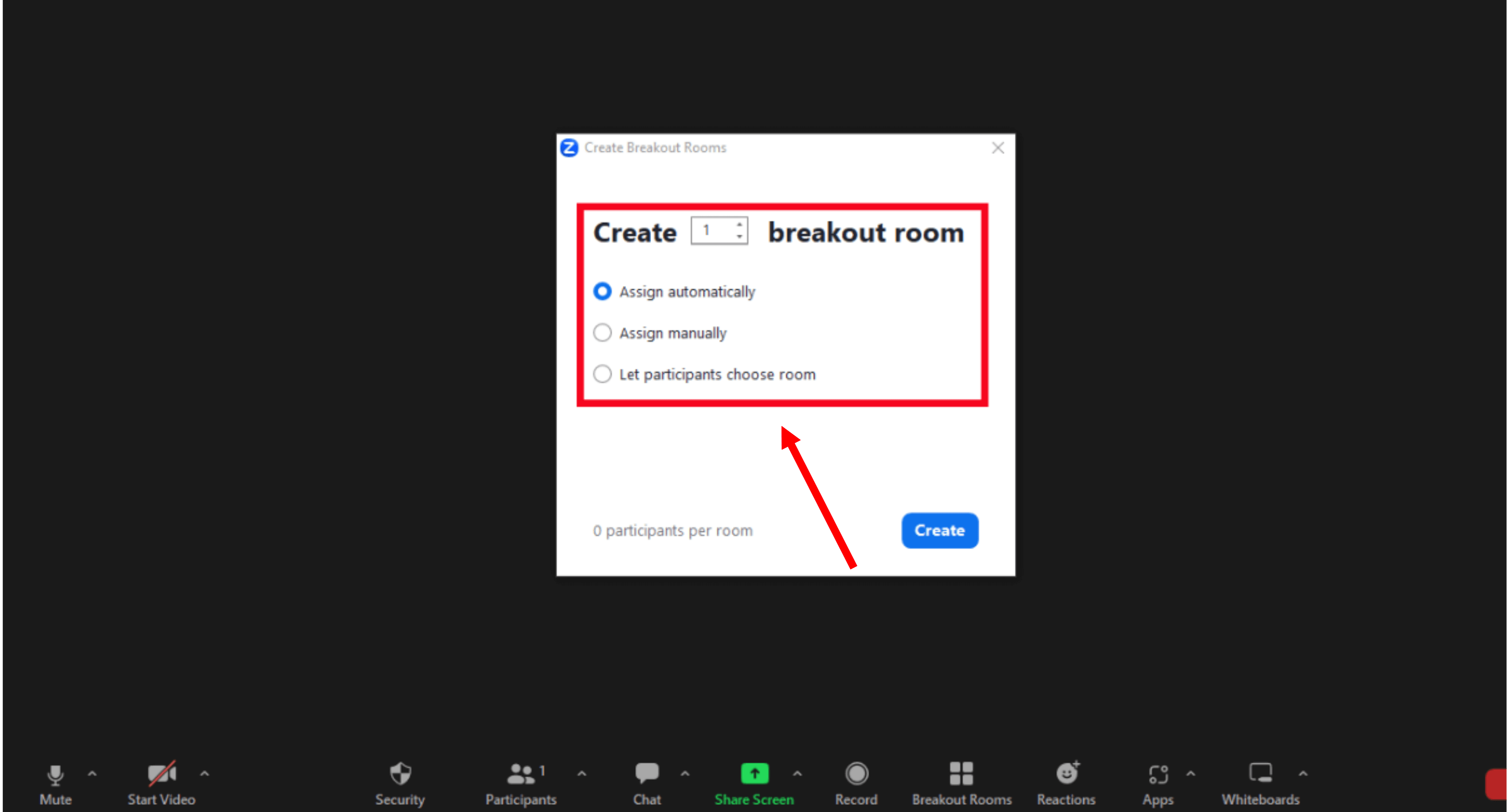 choose the number of breakout rooms and assign participants