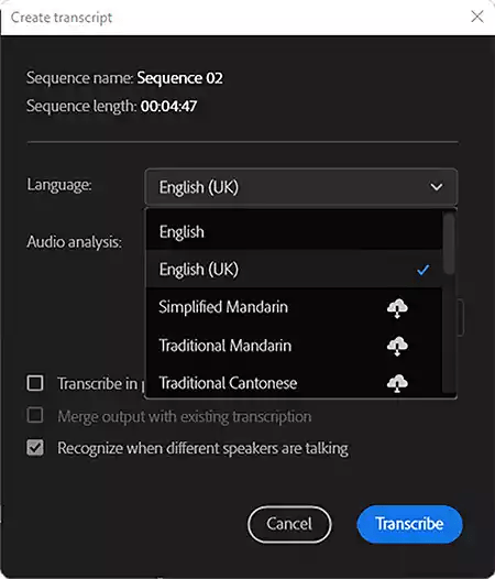 choose transcription language