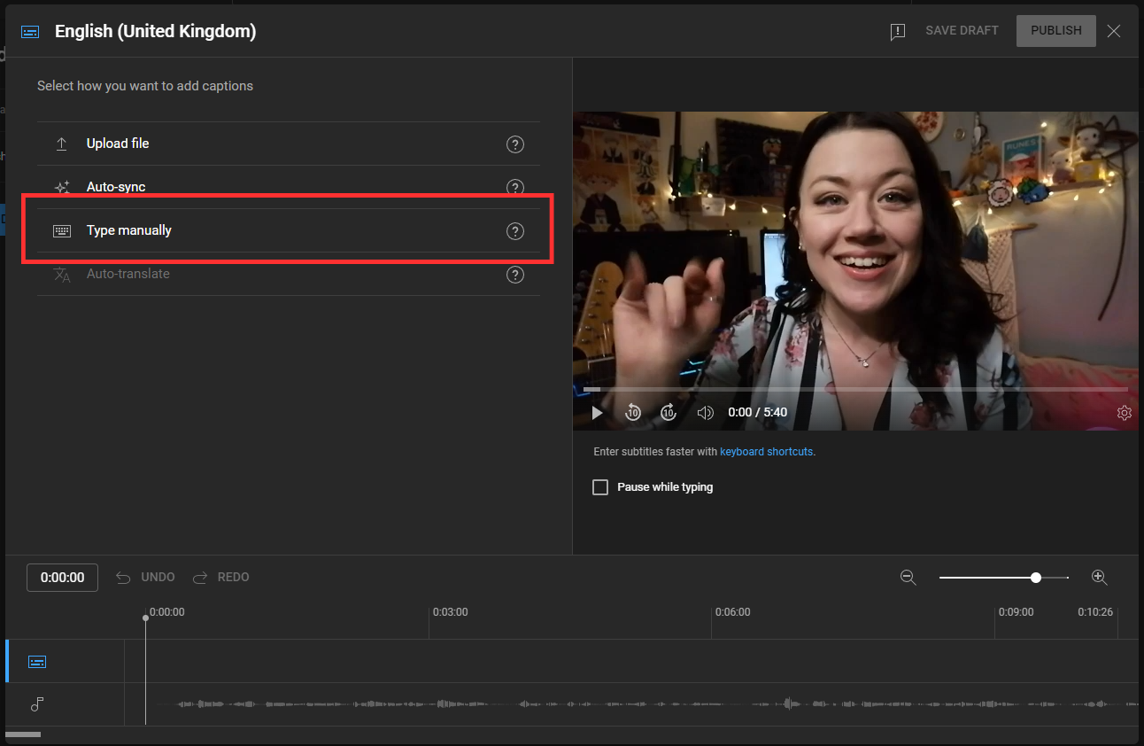 Choose ‘type manually’ in the YouTube subtitle editor