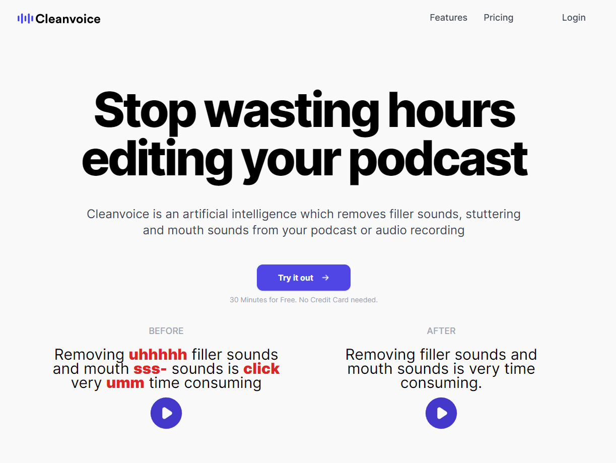 Cleanvoice’s homepage describing the benefits of using AI to edit your podcast