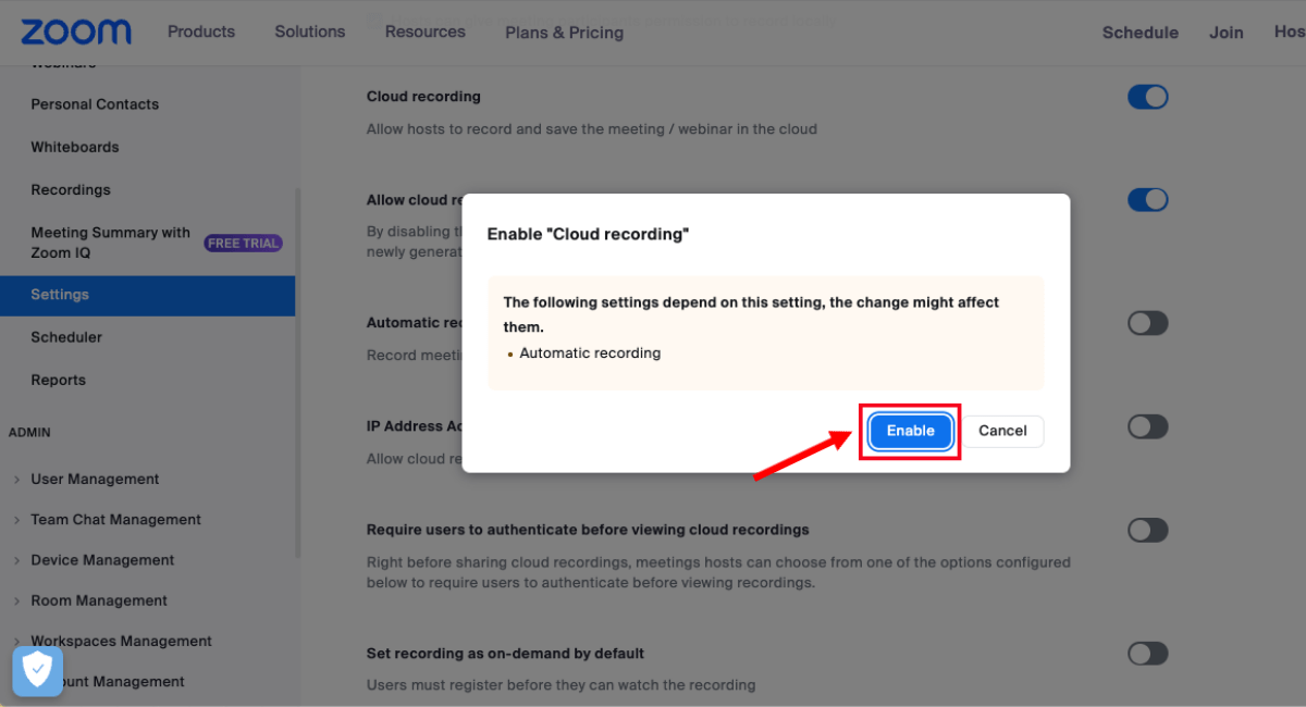 click enable to confirm the settings