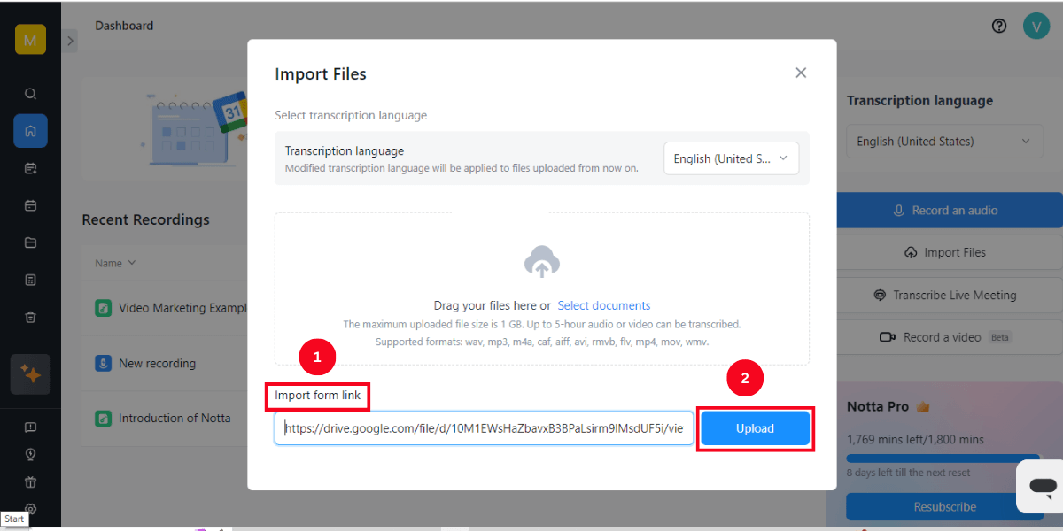 click import from link by pasting link and select upload