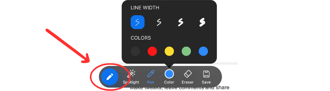 click pencil icon to display annotation tools in iOS device