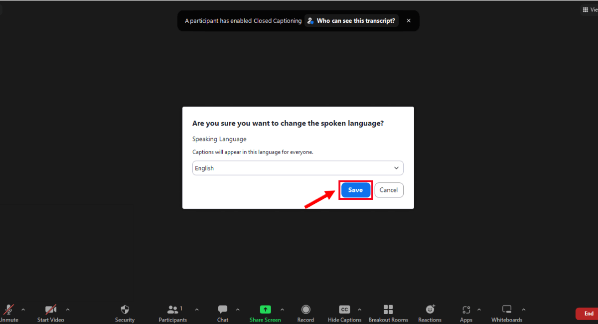 click save to confirm the language