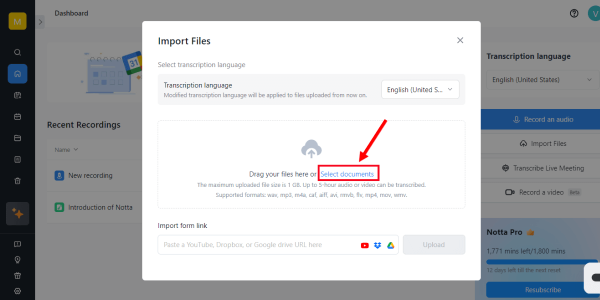 click select documents to import file and choose language