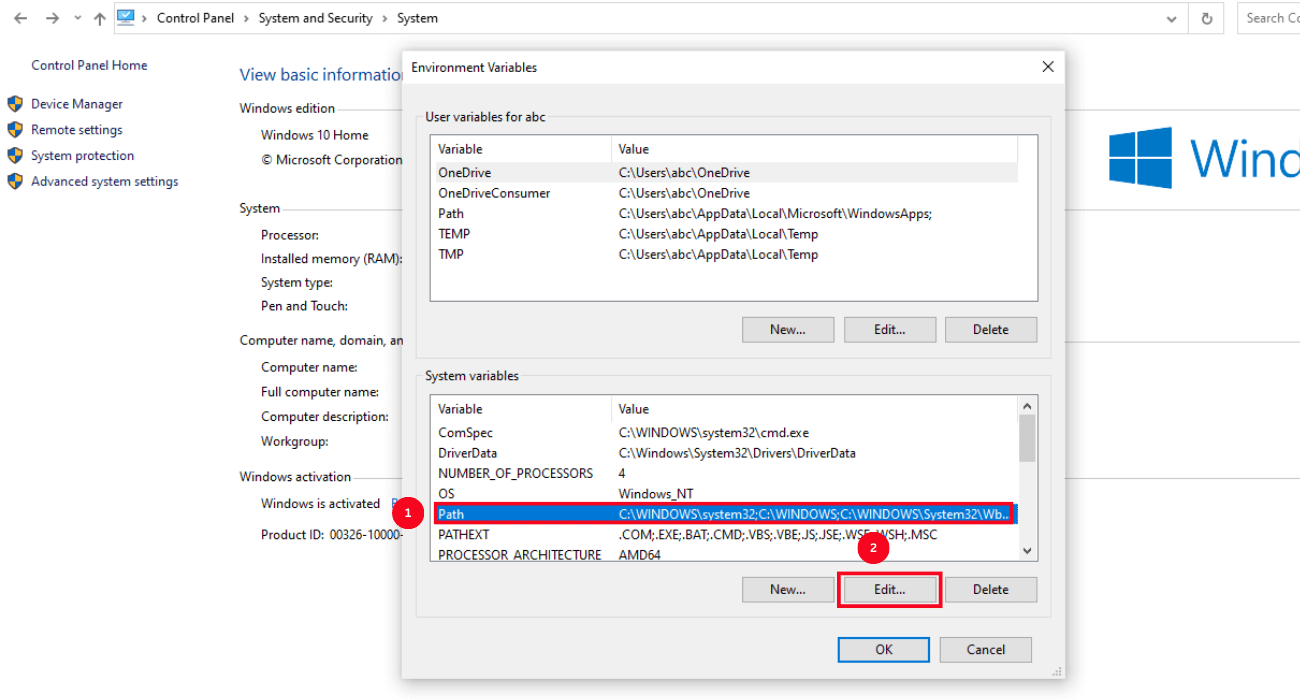 in system variables click path and then edit