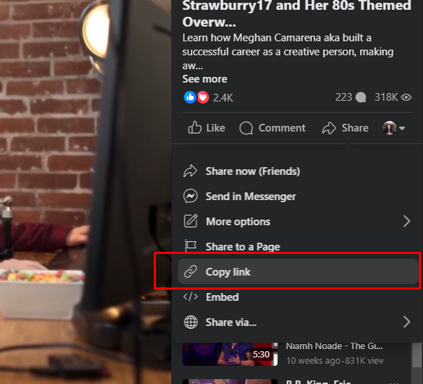 Copy the video link from the ‘Share’ menu