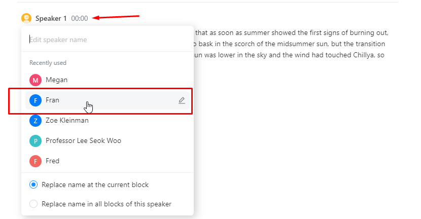 correct the speaker names in Notta