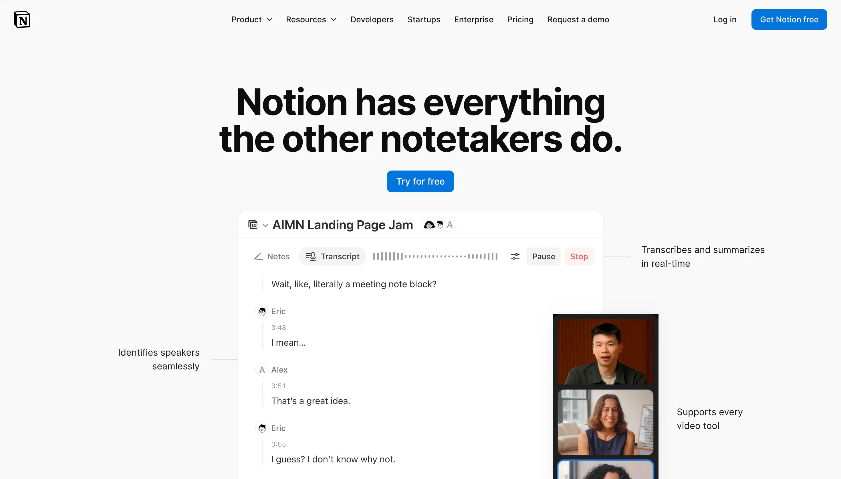 Page de Notion consacrée aux notes de réunion avec IA