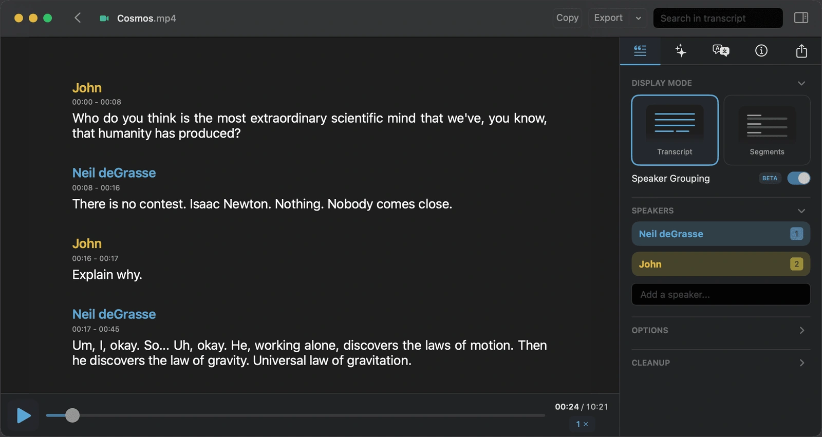 MacWhisper transcript workspace with speaker labels, playback and transcript display options
