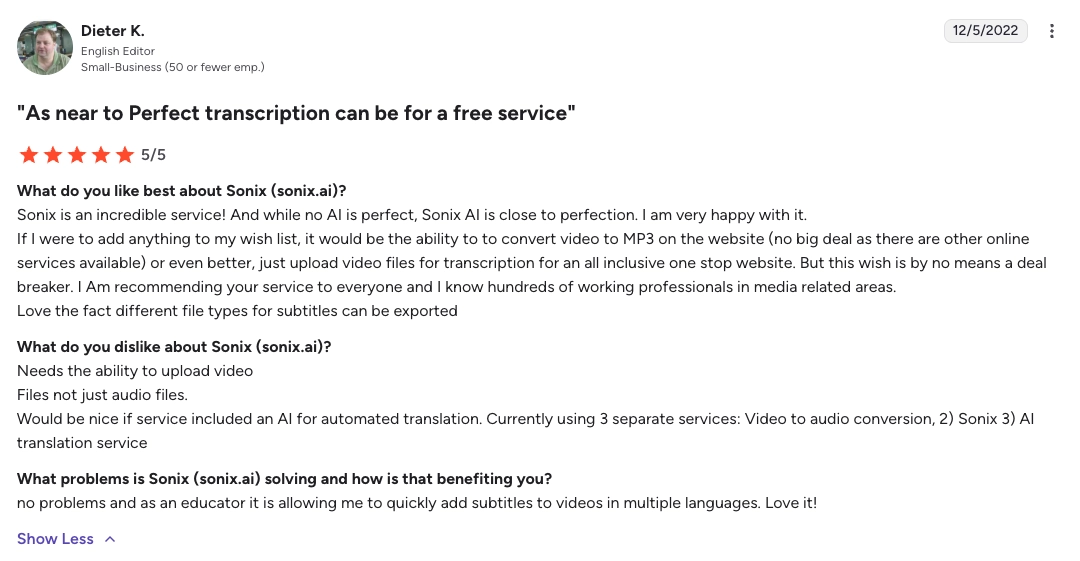 Capture d'écran d'un avis utilisateur Sonix.ai sur la création de sous-titres pour des vidéos en plusieurs langues