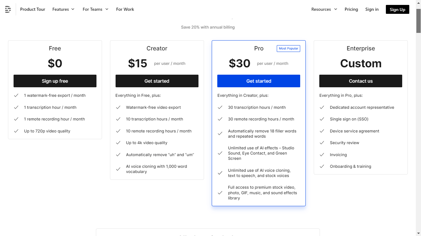 Descript pricing and plans