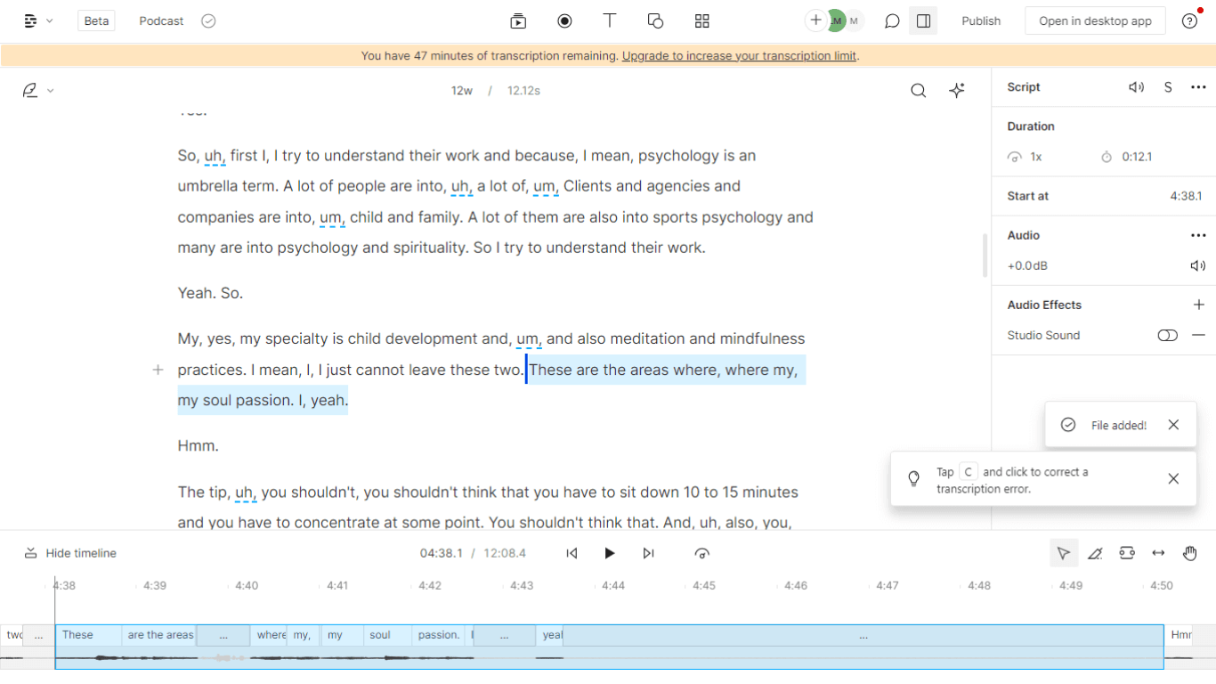 Interface of the Descript transcription tool