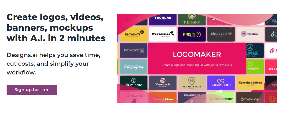 Designs.ai homepage featuring their Logomaker AI tool