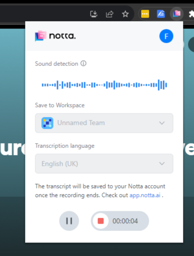 Detected audio shows up in your Notta Chrome extension as a waveform
