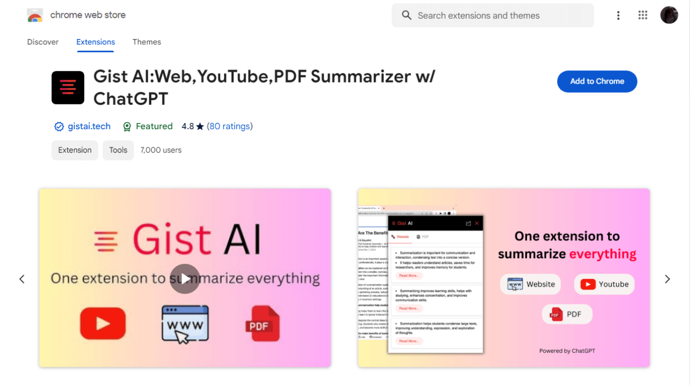 Gist AI for web, YouTube, and PDF summarization