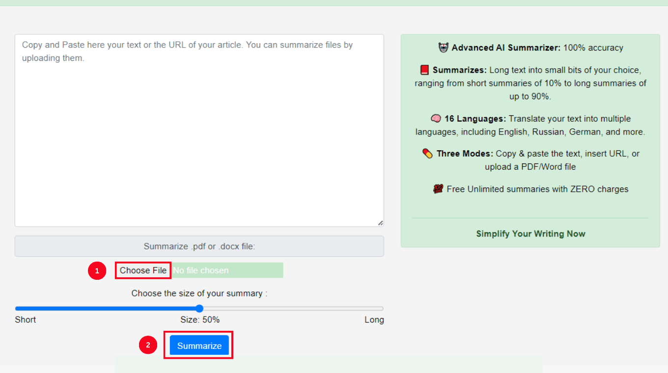 Select the Choose File option and then click the Summarize button