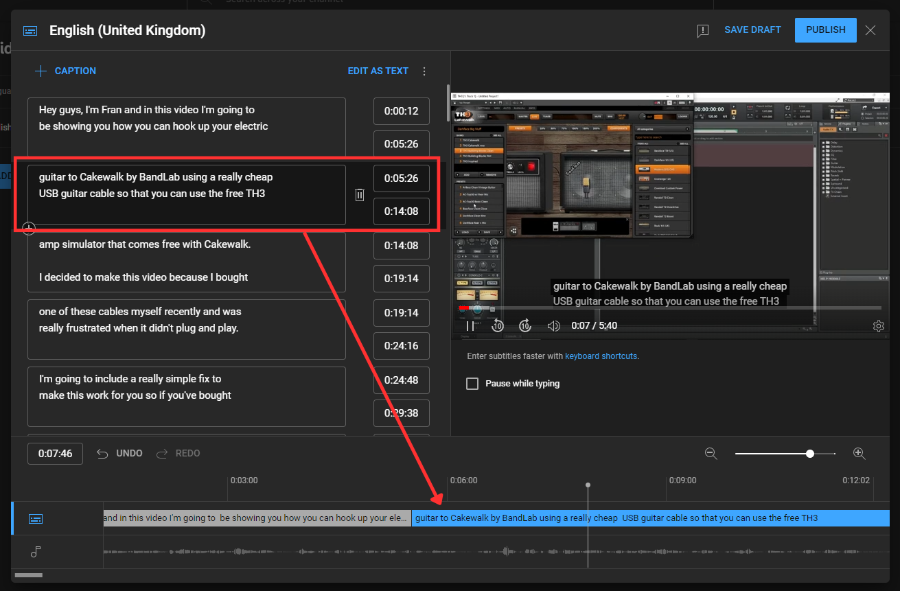 Drag the subtitle bars to sync them with your YouTube video.