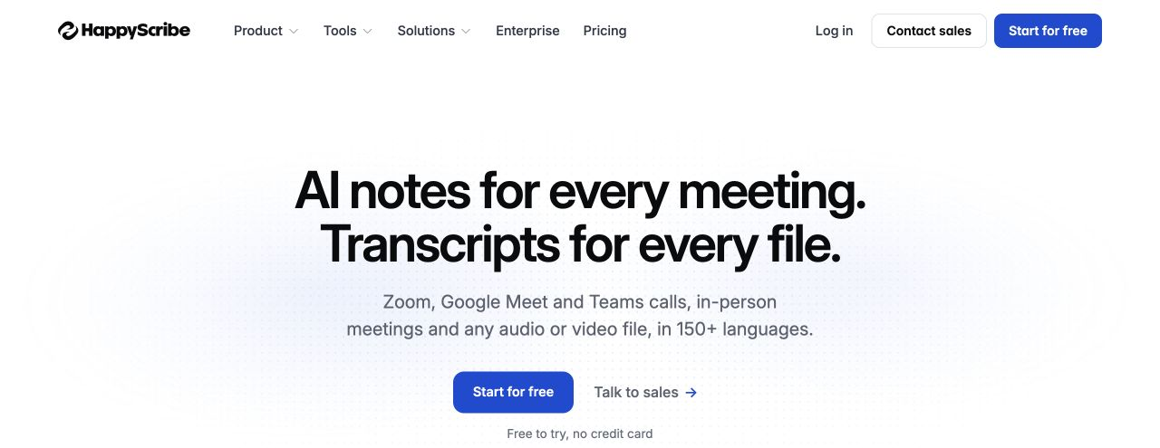 HappyScribe homepage showing AI meeting notes and file transcription.