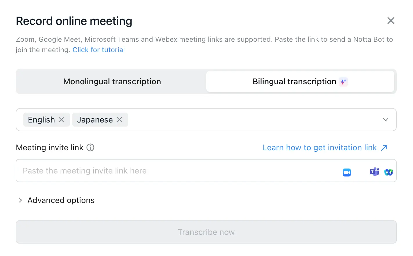 Notta bilingual transcription feature for two-language meetings
