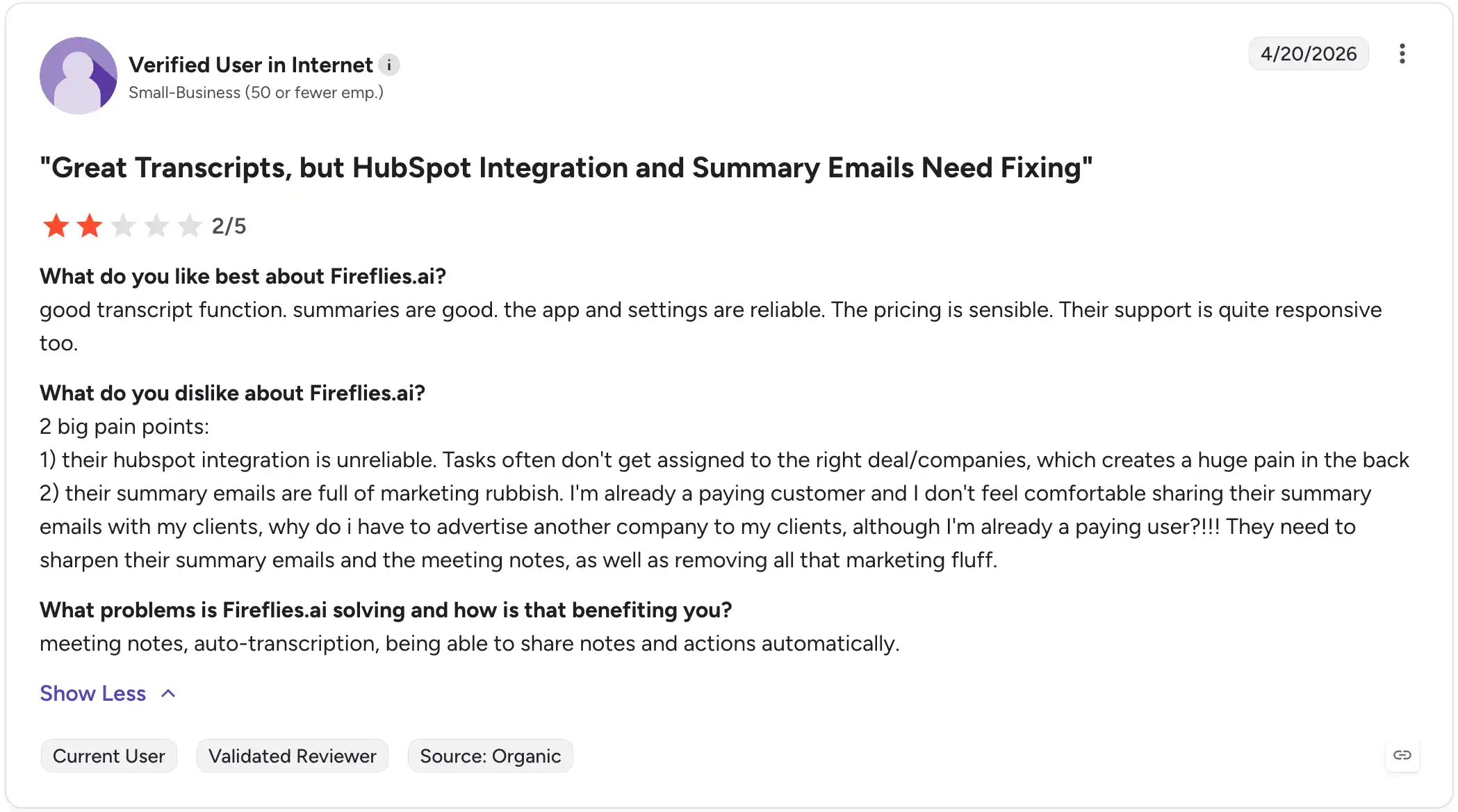 Capture d'écran d'un avis utilisateur Fireflies.ai mentionnant des problèmes de transcription ou de fiabilité