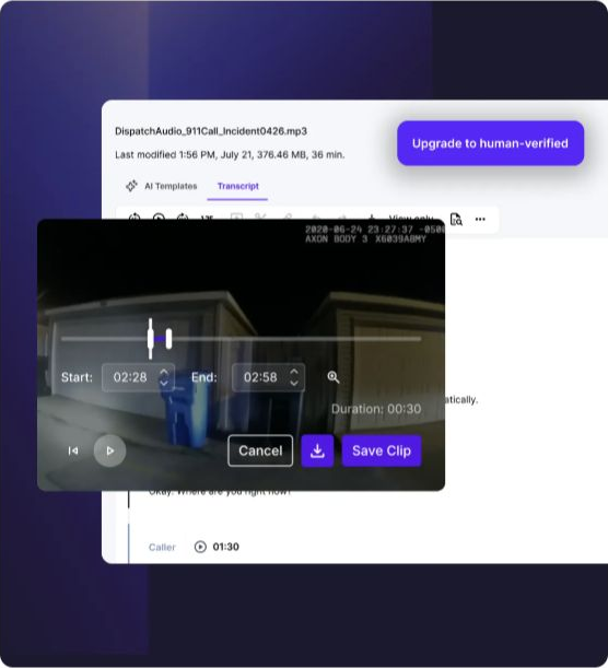 Rev transcript preview with a video clip selected for export.