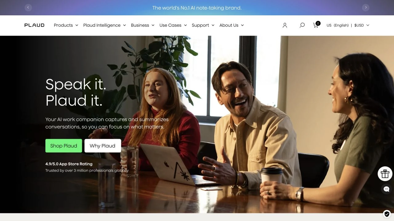Plaud homepage introducing its AI note-taking products with people in a face-to-face conversation