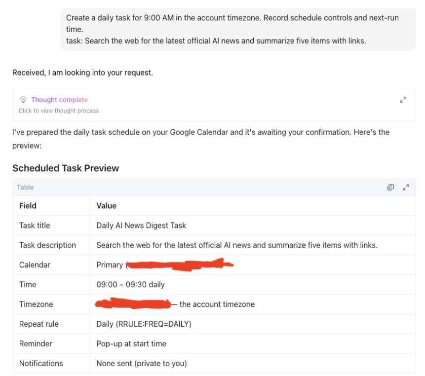 Notta Brain shows a daily Google Calendar reminder preview with its time, daily repeat rule and pop-up reminder.