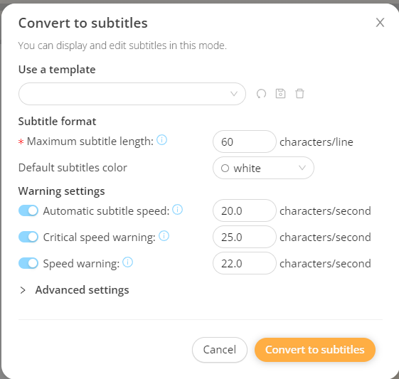 Select the ‘Convert to subtitles’ button
